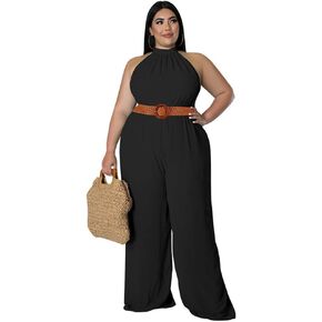 ANICECUT Plus Size Jumpsuits for Women Sexy Summer Elegant Solid Halter Neck Wide Leg Pants Long Rompers with Belt