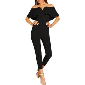 WDIRARA Women's Off Shoulder Ruffle Trim Strapless Short Sleeve Bodycon Party Jumpsuit