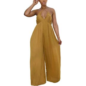ECDAHICC Women's Sexy Spaghetti Strap Deep V Neck Backless One Piece Wide Leg Jumpsuit Beach Party Club Long Rompers