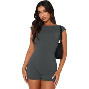 LAOARA Women Backless One Piece Jumpsuits Sleeveless Stretchy Bodycon Romper Seamless Workout Yoga Short Jumpsuits