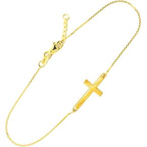14K Yellow Gold Sideways Cross Crucifix Christian Rolo Chain Bracelet with Lobster Claw Clasp - Adjustable 7-1/2" with 1/2" Extender