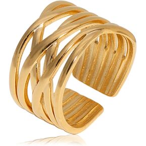 Open Multi Lines Statement Band Ring for Women Girls,Adjustable 14K Gold Plated Sterling Silver Punk Gothic Cocktail Party Band Ring Jewelry Gift for Her