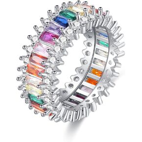 Rainbow Baguette Ring for Women, Emerald Cut Eternity Bands with Colorful Cubic Zirconia, 18K Gold Plated Multi-Gemstone Rings for Girls