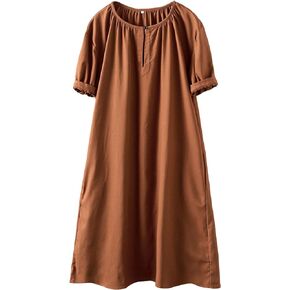 Minibee Women's Cotton Linen Dress Short Sleeve Midi Casual Plus Size Tunic Dress with Pockets
