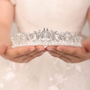 JWICOS Pearl Tiara Crown for Women Silver Tiara Headband for Prom Pageant Party Birthday Gifts Bridal Wedding Tiara for Bride