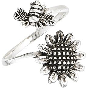 Open Adjustable Bee Sunflower Flower Thumb Ring Sterling Silver Band Sizes 6-10