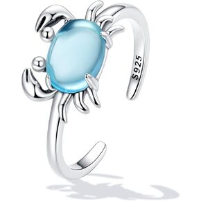 Cute Crab Sterling Silver Open Statement Rings for Women Girls Blue Diamond Crystal CZ Wedding Engagement Ring Eternity Promise Band Adjustable Finger Bands Lovely Jewelry Gifts Birthday BFF