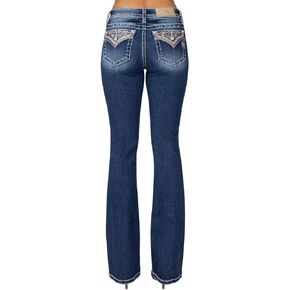 Miss Me Women's Mid-Rise Bohemian Pattern Embellished Bootcut Jeans with Faux Flap Pockets