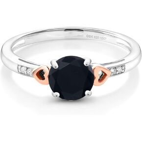 Gem Stone King 925 Sterling Silver and 10K Rose Gold Black Onyx and Diamond Women Engagement Ring (1.28 Cttw, Round 7MM, Gemstone Birthstone, Available in size 5, 6, 7, 8, 9)