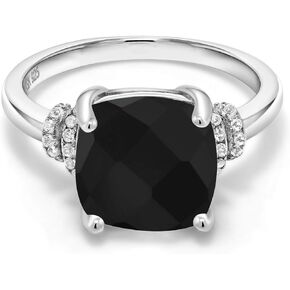 Gem Stone King 925 Sterling Silver Black Onyx Ring For Women (3.89 Cttw, Cushion Checkerboard Cut 10MM, Gemstone Birthstone, Available in size 5, 6, 7, 8, 9)