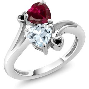 Gem Stone King 925 Sterling Silver Red Created Ruby Sky Blue Aquamarine and Black Diamond Ring For Women (1.73 Cttw, Heart Shape 6MM, Gemstone July Birthstone, Available In Size 5, 6, 7, 8, 9)