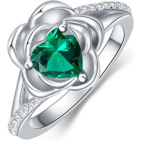 Gnteey 925 Sterling Silver Rose Flower Ring 6.5X6.5 mm Heart Shape Emerald Flower Engagement Ring for Women