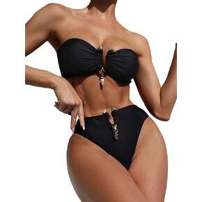WDIRARA Women's 2 Piece Swimsuit Ruched Notch Neck Strapless High Waist Bandeau Bikini Swimwear