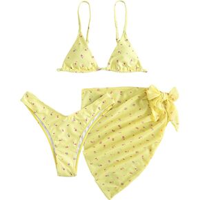 COZYEASE Women's 3 Piece Swimsuit Floral Triangle High Waisted Bikini Cute Bathing Suit with Sarong Beach Cover Up