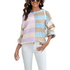chouyatou Women's Casual Crew Neck Color Block Striped Patchwork Knitted Pullover Sweater Tops