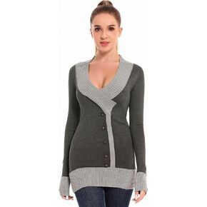 AmélieBoutik Women V Neck Faux Wrap Color Trim Sweater Tunic Top
