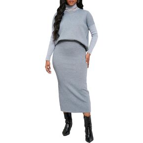 VERWIN Women 2 Piece Sweater Set Knit Turtle Neck Long Sleeve Bodycon Pullover Skirt Suit Crop Top and Dress Outfits