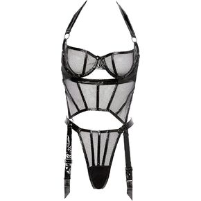 Coquette womens Black Bra, Garter & Thong Set