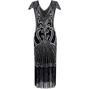 Vijiv Long 1920 Vintage Gatsby Beaded Embellished Fringe Cocktail Flapper Dress