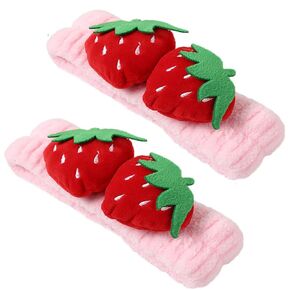2PCS Cute Strawberry Headbands Soft Washing Face Makeup Pink Coral Fleece Hair Bands Soft Shower Facial Headwraps Hairlace for Yoga Sports Spa Mask