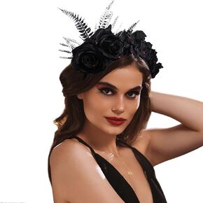 Urieo Halloween Flower Headband for Women Black Rose Hair Band Gothic Crystal Hairpieces Day of The Dead Floral Crown Handmade Cosplay Dress up Costume Hair Accessories