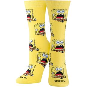 Cool Socks, Surprised SpongeBob, Womens Crew Length, Funny Graphic Print- Large