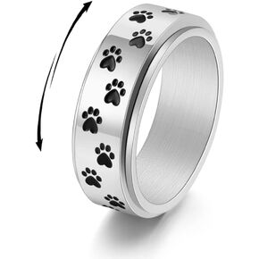 Paw Print Spinner Fidget Ring Stress Relieving Anxiety Rotate Freely Cute Animal Boredom ADHD Autism Band Stainless Steel Engagement Wedding Jewelry Birthday Valentine's Day Gift for Women Girls Men