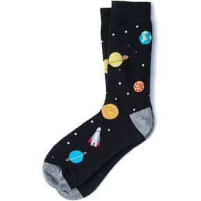 Men's Black Solar System & Rocket Ship Space Novelty Crew Dress Socks