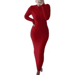 LETSVDO Sweater Dress for Women Maxi Bodycon Cable Knit Long Sleeve Crewneck Ribbed Pencil Pullover Dresses Winter