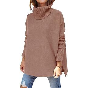 fashpplar Women's Turtleneck Long Batwing Sleeve Spilt Hem Tunic Oversized Pullover Sweater in Saudi Arabia