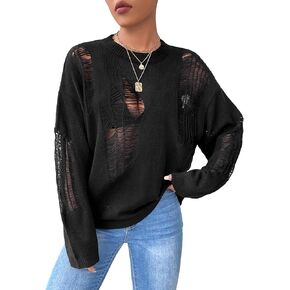 GORGLITTER Women's Ripped Drop Shoulder Sweater Top Long Sleeve Round Neck Pullovers