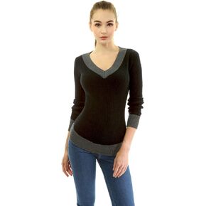 AmélieBoutik Women Cotton Blend V Neck Color Block Long Sleeve Curve Hem Sweater