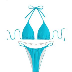 SweatyRocks Women's Two Piece Bathing Suit Triangle Halter Tie Top Chain Thong Bikini Swimsuits Set