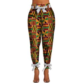 iooiooi Newer Fashion Women African Printed Cotton Casual Long Pants with Fitting Belt