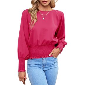 LYANER Women's Round Neck Frill Shirred Lantern Long Sleeve Blouse Office Shirt Top