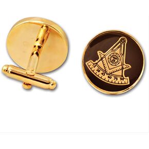 Past Master Round Masonic Cuff Link Pair - [Black & Gold][3/4'' Diameter]