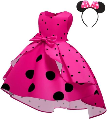 Girls Polka Dot Print Party Princess Dress Toddler Elegant Wedding Pageant Dresses Bowknot Mouse Ears Headwear in Kuwait