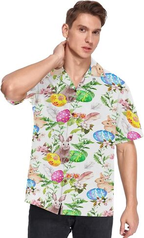 Hawaiian Shirt for Men Short Sleeve Easter Bunny Eggs Rabbit Beach Casual Button Down Aloha Shirt in Saudi Arabia