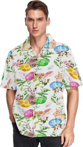 Hawaiian Shirt for Men Short Sleeve Easter Bunny Eggs Rabbit Beach Casual Button Down Aloha Shirt in Saudi Arabia