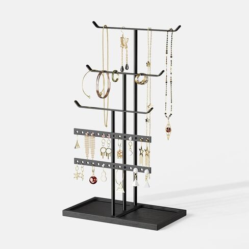 bussdis Jewelry Holder Stand Organizer: 3-tier Tree for Necklaces Earrings Rings Bracelets - Natural Wood Tray - Jewelry Hanger for Dispaly Decor and Storage - Black in Kuwait