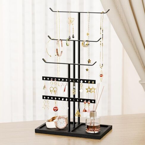 bussdis Jewelry Holder Stand Organizer: 3-tier Tree for Necklaces Earrings Rings Bracelets - Natural Wood Tray - Jewelry Hanger for Dispaly Decor and Storage - Black in Kuwait