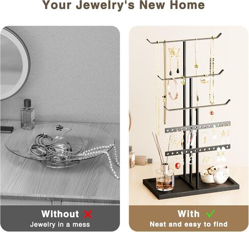 bussdis Jewelry Holder Stand Organizer: 3-tier Tree for Necklaces Earrings Rings Bracelets - Natural Wood Tray - Jewelry Hanger for Dispaly Decor and Storage - Black in Kuwait