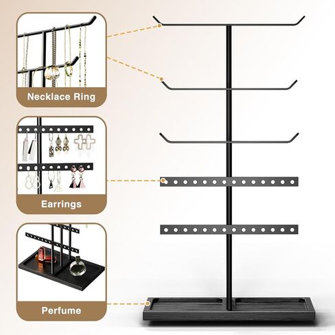 bussdis Jewelry Holder Stand Organizer: 3-tier Tree for Necklaces Earrings Rings Bracelets - Natural Wood Tray - Jewelry Hanger for Dispaly Decor and Storage - Black in Kuwait