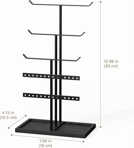 bussdis Jewelry Holder Stand Organizer: 3-tier Tree for Necklaces Earrings Rings Bracelets - Natural Wood Tray - Jewelry Hanger for Dispaly Decor and Storage - Black in Kuwait