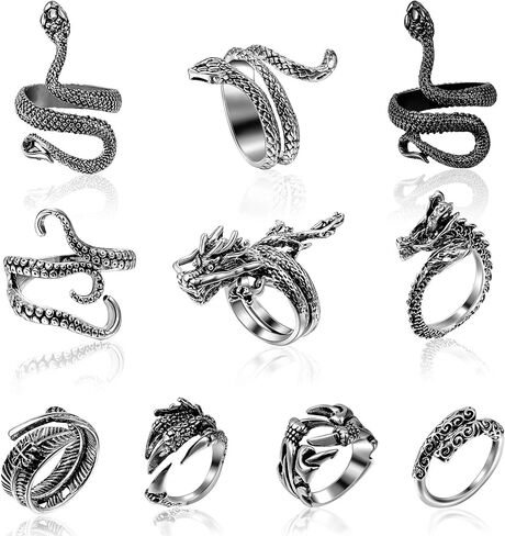 Hicarer 10 Pieces Vintage Punk Rings Snake Dragon Claw Rings Retro Open Adjustable Rings for Men Women in Saudi Arabia
