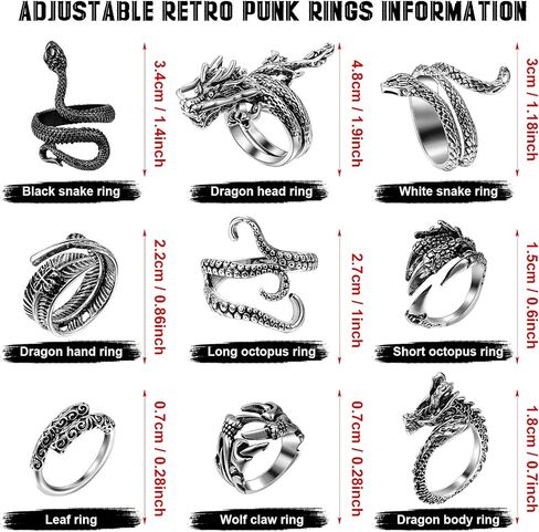 Hicarer 10 Pieces Vintage Punk Rings Snake Dragon Claw Rings Retro Open Adjustable Rings for Men Women in Saudi Arabia