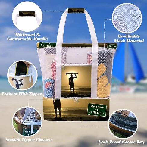 حقيبة شاطئ بسيطة وفاخرة مع مبرد، حقيبة شاطئ شبكية بسحاب، حقائب شاطئ لحمام السباحة والسفر على الشاطئ in Kuwait