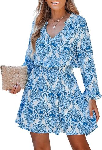 CUPSHE Women's Ornate Print Smocked Mini Dress Split Neck with Self-tie A-line Dress in Saudi Arabia