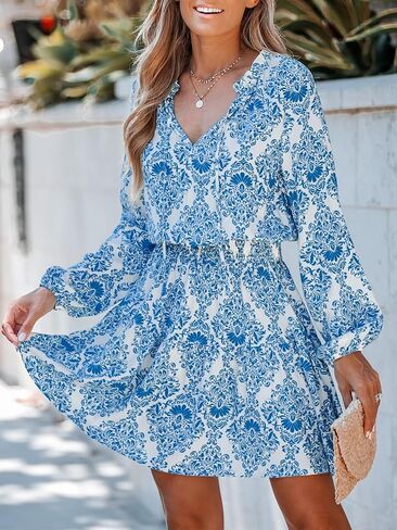 CUPSHE Women's Ornate Print Smocked Mini Dress Split Neck with Self-tie A-line Dress in Saudi Arabia