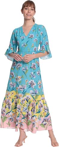 London Times Women's Floral Printed V-Neck Tiered Maxi with Ruffle Elbow Sleeves and Border Hem in Saudi Arabia